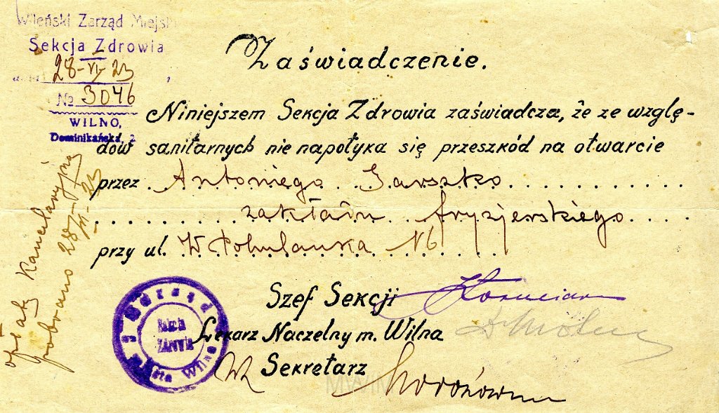 KKE 5823.jpg - Dok. Zaświadczenie wystawione przez Sekcje Zdrowia dla Antoniego Graszko dotyczące otwarcia Zakładu fryzjerskiego, Wilno, 28 VI 1923 r.